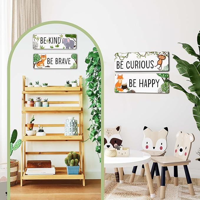 Woodland Nursery Decor, Jungle Safari Animals Boysroom Wall Sign Art, Motivational Bedroom Decorations for Kids Boys, 4 Pieces Wood Sign, 3.9x11.8 In-A01