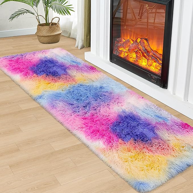 Hot Pink Rainbow Rug for Girls Bedroom Runner 2x6, Fluffy Soft Bedroom Runner Rug for Bedside, High Pile Plush Shag Carpet for Kids Room Living Room Hallway Nursery Unicorn Home Decor Tie Dyed