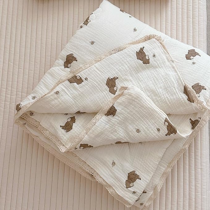 BuLuTu 100% Muslin Toddler Quilt Thin Crib Comforter Girls Boys Quilted Blankets, 60"x78", 2.5 Pounds, Soft Breathable Muslin Cotton Quilts, Bee Bear Pattern, Machine Washable
