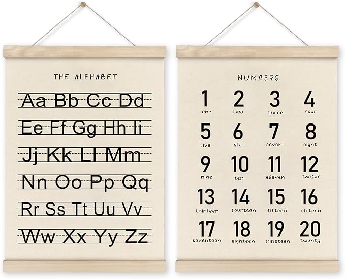 HRQKO Alphabet Numbers Poster Hanger Frame Set of 2, Nursery Wall Decor, Black ABC Poster Wall Art with Wooden Frames, Alphabet Banner Wall Hanging Decor for Boy Toddler Room Playroom, 12x16 Inch