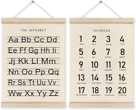 HRQKO Alphabet Numbers Poster Hanger Frame Set of 2, Nursery Wall Decor, Black ABC Poster Wall Art with Wooden Frames, Alphabet Banner Wall Hanging Decor for Boy Toddler Room Playroom, 12x16 Inch