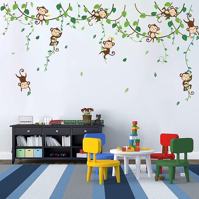 decalmile Monkey Climbing Tree Wall Decals Jungle Animals Wall Stickers Kids Room Baby Nursery Bedroom Wall Decor