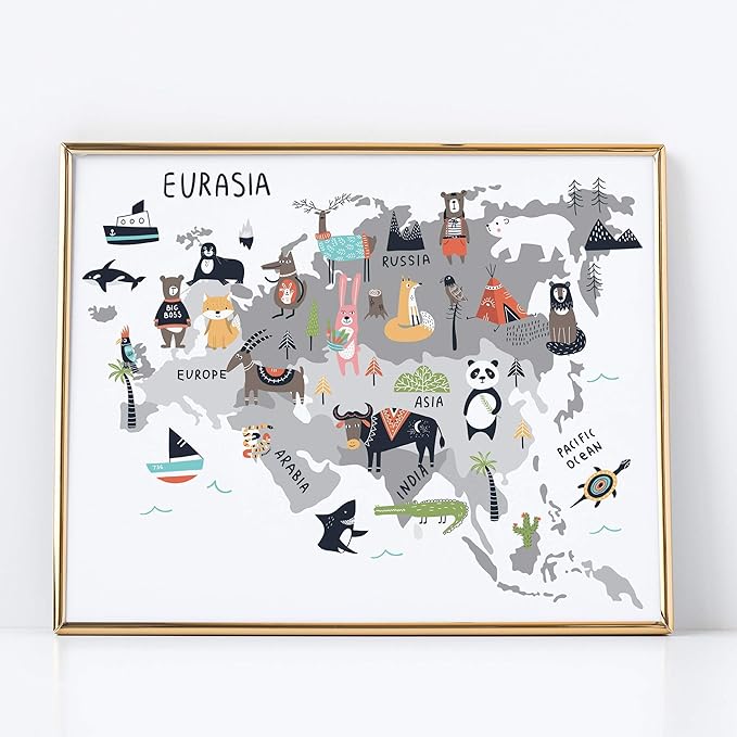 Ritzy Rose 5 Continents World Map Animal Zoo Prints for Kids Whimsical Wall Art - Five Children's Posters Baby's Nursery Child's Bedroom (Unframed) Decor Printed Boys Girls (World Map)