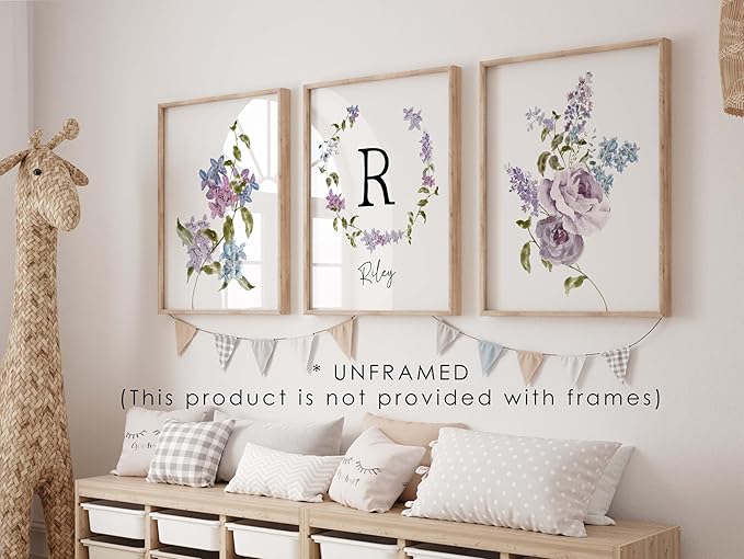 Personalized Name Flower Nursery Wall Art Prints, Crib & Nursery décor, Newborn Baby Girl Gift Present, Floral Baby Girl Room Pictures, Poster For Baby And Kids (3 Prints, Flower 2)