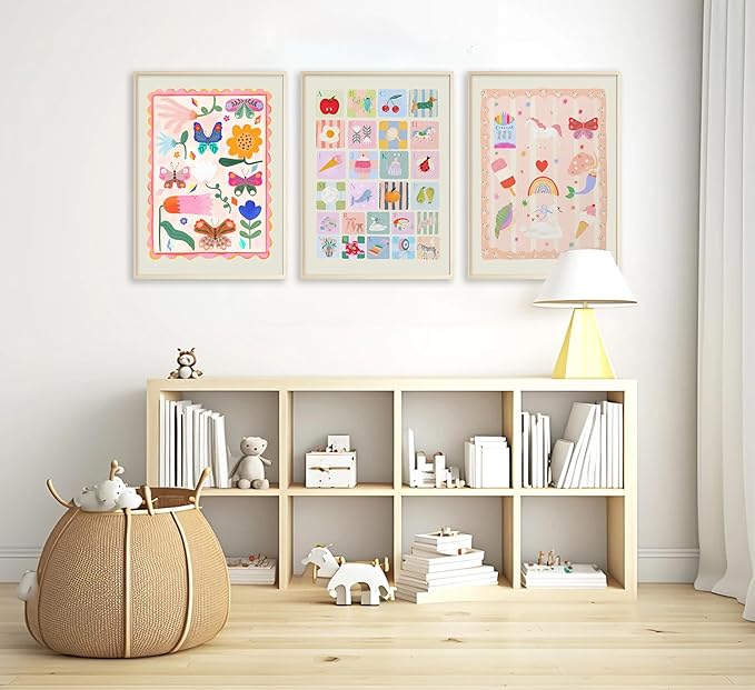 Colourful Nursery Canvas Wall Art ABC Nursery Wall Decor Pink Butterflies and Flowers Painting Picture Pastel Girl Kid Rainbow Poster Print for little Girl's Bedroom Kids Room Babys Playroom, Unframed