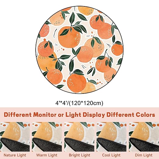 Orange Round Rug Tangerine Fruit Circle Rugs for Bedroom Dorm Living Room Area Rug Floor Mat Pad Doormat Carpet, 4'X4'(120x120cm)