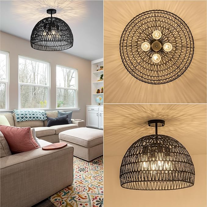 Rattan Ceiling Light Fixture, 4-Light Boho Semi Flush Mount Ceiling Light, 20" Wicker Light Fixture with Handmade Woven Cage Lampshade, Rattan Chandelier for Bedroom Hallway Nursery Kitchen Farmhouse