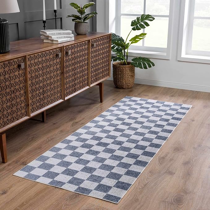 BoutiqueRugs Alia Gray Modern Checkered Runner Rug - Contemporary Geometric Carpet for Hallway, Nursery, Girls Boys Room - Machine Washable - Ivory, Blue, Gray - 2'7" x 7'3" (2x8)