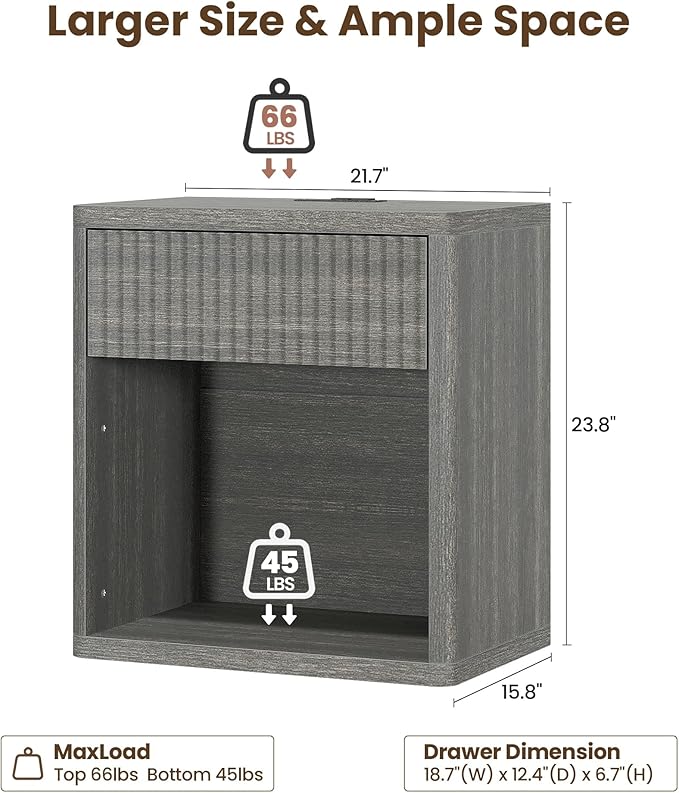 Fluted Nightstand Set of 2 with Charging Station, 21.7" Wide Modern Bedside Table with 1 Drawers Open Storage Cabinet, Wooden End Table for Bedroom,Gray