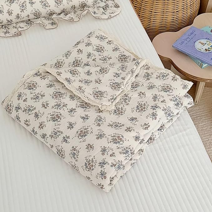 BuLuTu French Country Blue Floral Quilted Blanket with Lace Edges, Muslin Cotton Toddler Bed Baby Crib Comforter Girls Boys Nursery Decor, 47"x59", Soft Lightweight, Ballon Flower Print