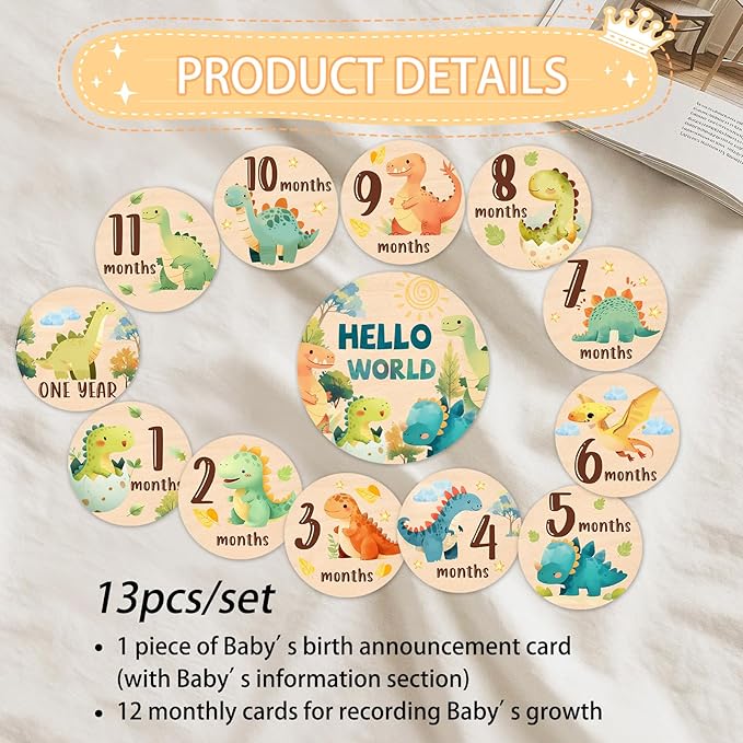 Baby Monthly Milestone Cards Sign - 13Pcs Double Sided Dinosaur Milestone Cards, Dino Pattern Wooden Circles Discs for Photo Props Newborn Announcement Marker, Baby Shower Newborn Sign Card Gift Set