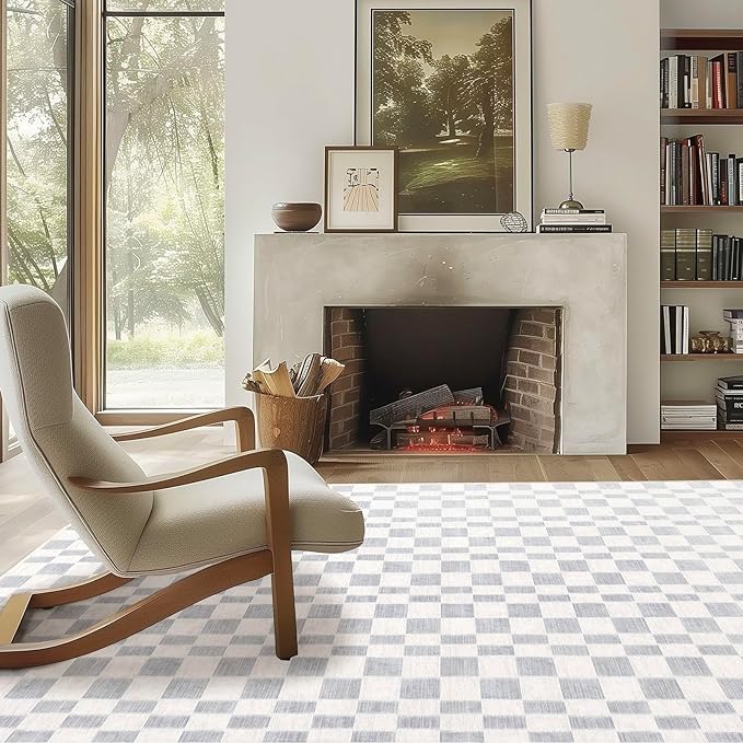 EverGrace Checkered Plaid Area Rug 6x9, Soft Fuzzy Faux Wool Rugs Washable Anti Slip Rugs Large Rug Carpet for Entryway Bedroom Living Room Hallway Kitchen Dining Room and Laundry Room, Light Gray