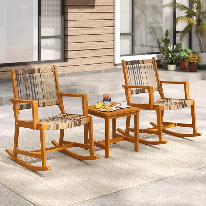 Tangkula 3 Piece Patio Rocking Set, Acacia Wood Rocker Bistro Set w/Rattan Seat & Back, 2 Outdoor Armchairs w/Square Side Table for Porch, Balcony, Backyard