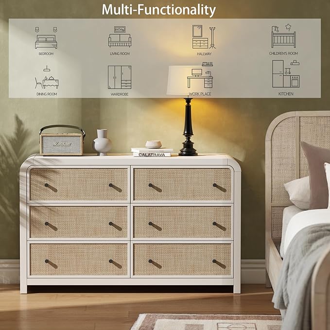 Oak&Sparrow 6 Drawer Dresser for Bedroom, 49'' Rattan Dresser with Ample Storage, Boho Chest of Drawers, Thickened Curved Profile Design, Oak Dressers for Bedroom, Living Room