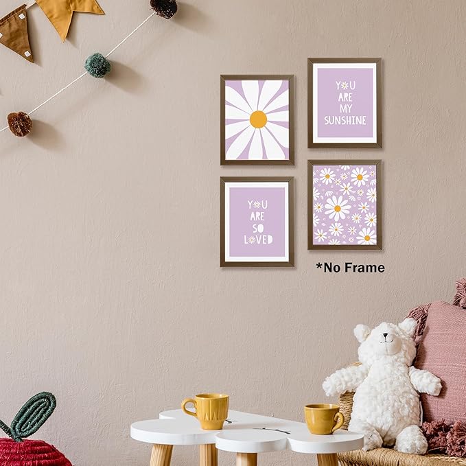 AEHIE Boho Purple Daisy Flower Wall Art Print, You Are My Sunshine Poster for Baby Girls Room Nursery, Bohemian Spring Aesthetic Floral Decor for Home, 4pcs
