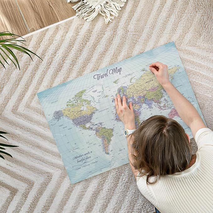 ElephantStock - Push Pin Travel Map World I Wall Art - Horizontal Canvas Wall Art - Living Room Wall Decor - Printmaking Map Canvas Art - Blue And Beige Decor - 30" x 20"