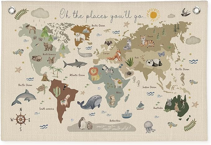 Wheatwin Playroom Decor, World Map Banner for Kids, World Maps for Wall, World Map Cute Animal Tapestry Wall Hanging Banner Flag Decor for Kids Room Classroom Nursery Homeschool 20x30 (Updated)