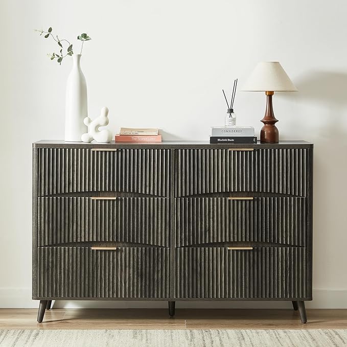 Evermagin 55" Wide Fluted 6 Drawer Dresser, Mid Century Modern Curved Dresser, Light Wood Chest of Drawers for Bedroom, Living Room and Entryway, Dark Grey