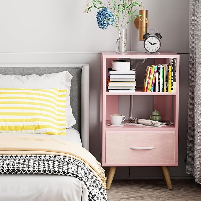 Night Stand with Charging Station, Pink Kids Nightstand with Drawer, 3-Tier Nursery Bedside Table with USB Ports and Outlets, End Table for Small Space, Living Room, Bedroom