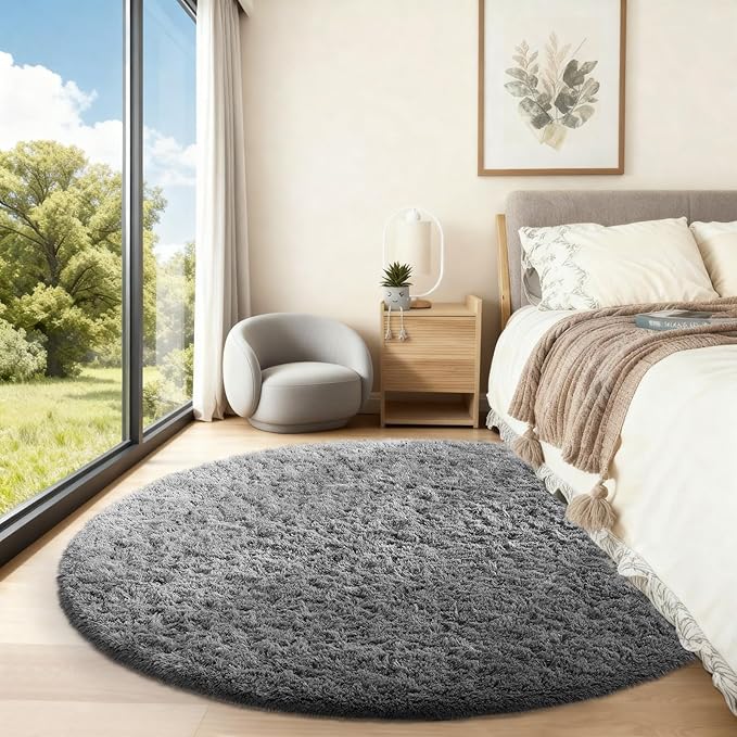 Ophanie Round Rugs 5Ft Grey Circle Area Rug, Fluffy Fuzzy Bedroom Carpet, Plush Soft Shaggy Indoor Floor Gray Living Room Rugs for Kids Home Decor Aesthetic, Nursery