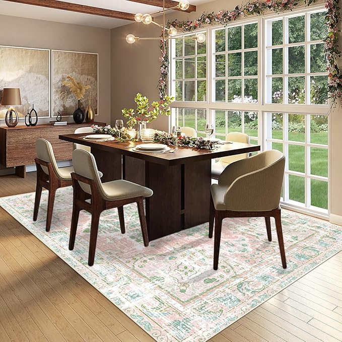 Vhong Boho Area Rugs Vintage Washable Neutral Modern Dusty Pink and Green 6x9 Non Slip Carpet for Nursery Living Room Dining Room Bedroom Farmhouse Girls'Room