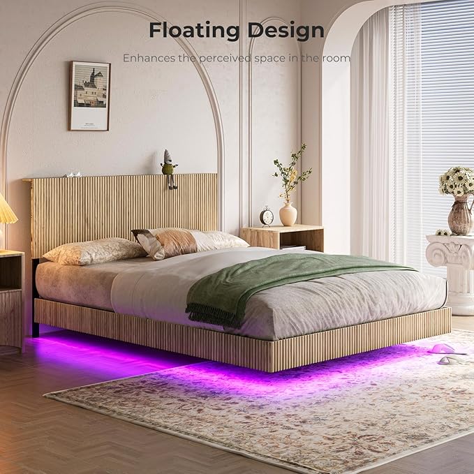 Evermagin Natural Queen Floating Bed Frame with Headboard, Boho Fluted Platform Bed with LED Lights, Heavy Duty Floating Bedframe with Charging Station, No Box Spring Needed
