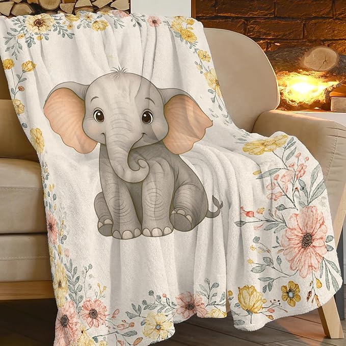 Elephant Blanket Cute Elephant Floral Throw Blanket Soft Cozy Fleece Fuzzy Plush Warm Stuff Bedding Nursery Toddler Baby Blankets Gifts for Boys Girls Kids Adult Men Women 50"X60"