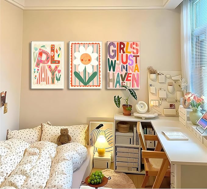Boho Floral Sun Nursery Wall Art Girls Just Wanna Have Fun Positivity Affirmation Rainbow Print Playroom Classroom Counseling Office wall decor Play Poster for Kids Bedroom, 12x16 Inch, Set of 3