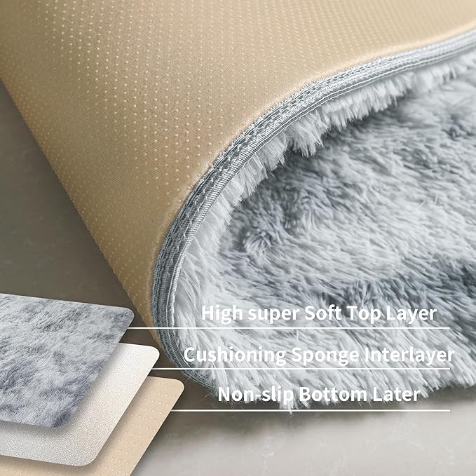 3x5 Fluffy Shag Light Grey Rug for Bedroom, Soft Fuzzy Plush Washable Non Slip Carpet, Comfy Shaggy Furry Small Area Rug for Living Room, Kids Baby Boys Girls Nursery Dorm, Tie-Dye Gray