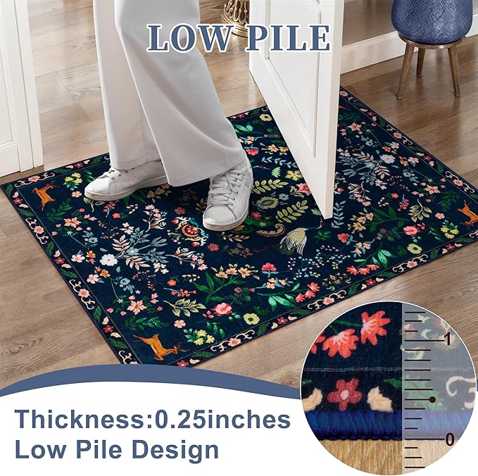 Tangsoo 5x7 Area Rug for Living Room Bedroom, Non Slip Machine Washable Boho Nature Floral Animal Rug, Low Pile Large Floor Carpet Indoor Mats for Kids Room, Farmhouse, Dining Room, Office(Blue)