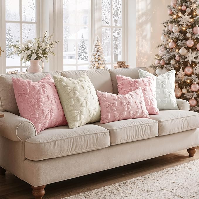 MIULEE Pink Bow Pillow Covers Coquette Room Decor Aesthetic Set of 2 Decorative Cute Girl Christmas Throw Pillow Soft Plush Faux Pillowcase for Girl Bed Couch Sofa,18x18 Inch