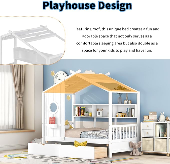 Linique Wooden Twin Size House Bed with 2 Drawers and Storage Shelf,Twin Platform Bed Frame with Pitched Roof,White