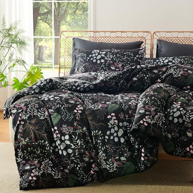Floral Duvet Cover Full 3 Pieces Elegant Flower Bedding Set Farmhosue Aesthetic Bedding Soft Microfiber Black Duvet Cover Set with 2 Pillowcases