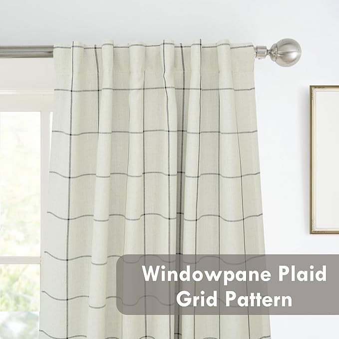 DriftAway 2 Panels 100% Blackout Windowpane Plaid Linen Curtains Double Layer Drapes for Bedroom 84 Inches Long Farmhouse Thermal Insulated 3.25 Inch Rod Pocket Back Tab for Living Room Black