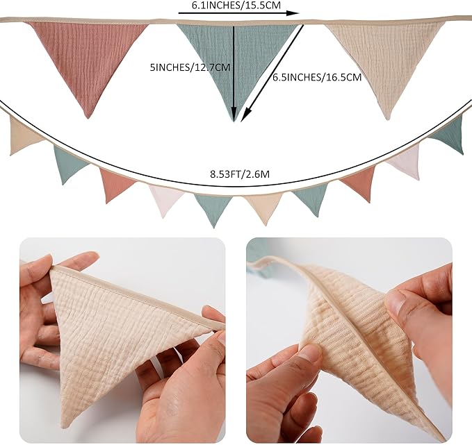Fabric Bunting Banner, 2 Pack Handmade Neutral String Banner Each 8.5 ft 10 Flags Nursery Wall Hanging Wedding Birthday Home Baby Shower Party Decoration Bunting (Green)
