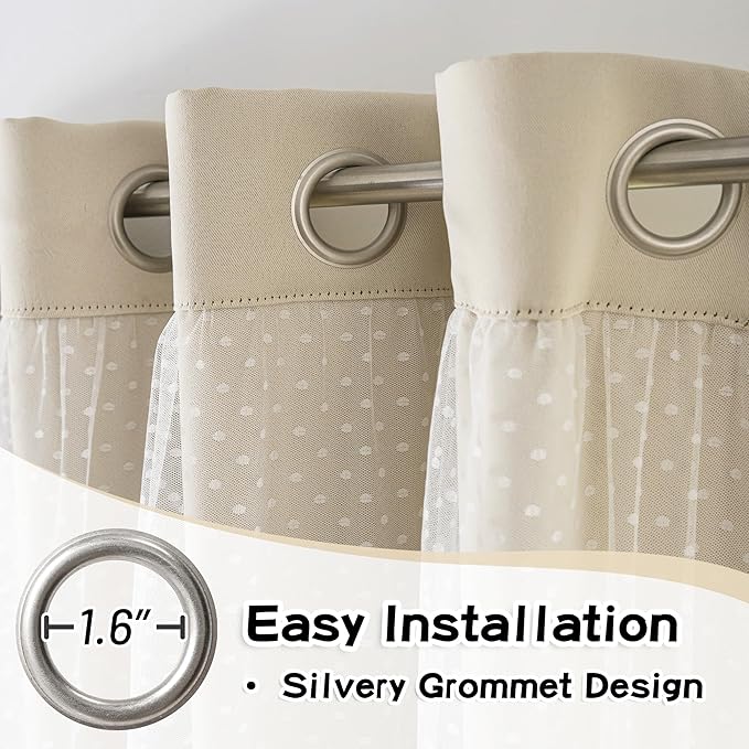 MYSKY HOME Beige 70% Blackout Curtains for Girls Bedroom & Living Room Nursery Kids Cute Double Layer Curtains 63 inch Long with Sheer Overlay, Grommet Tops, 52" Wide Each Panel, 2 Panels