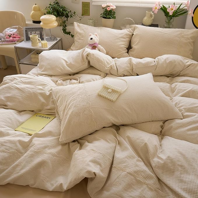 LifeTB Tan Gingham Duvet Cover Twin 3 Pieces Romantic Lace Duvet Cover Vintage Plaid Checkered Comforter Cover with 2 Pillowcases Soft Microfiber Beige Tan Grid Farmhouse Plaid Bedding Set