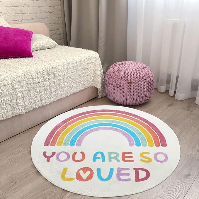 Topotdor Rainbow Round Rug for Bedroom,Colorful Boho Decor Nursery Rug,Ultra Soft Washable Reading Corner Rugs,47" Round