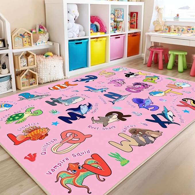 Kids Rug for Playroom, 7x9 Feet Educational Rug for Learn The ABC Alphabet, Soft Machine Washable Non-Slip Cute Marine Organisms Carpet for Classroom Toddler Nursery Kids Room Decor Mat, Pink