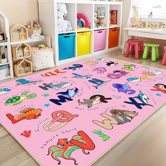Kids Rug for Playroom, 7x9 Feet Educational Rug for Learn The ABC Alphabet, Soft Machine Washable Non-Slip Cute Marine Organisms Carpet for Classroom Toddler Nursery Kids Room Decor Mat, Pink