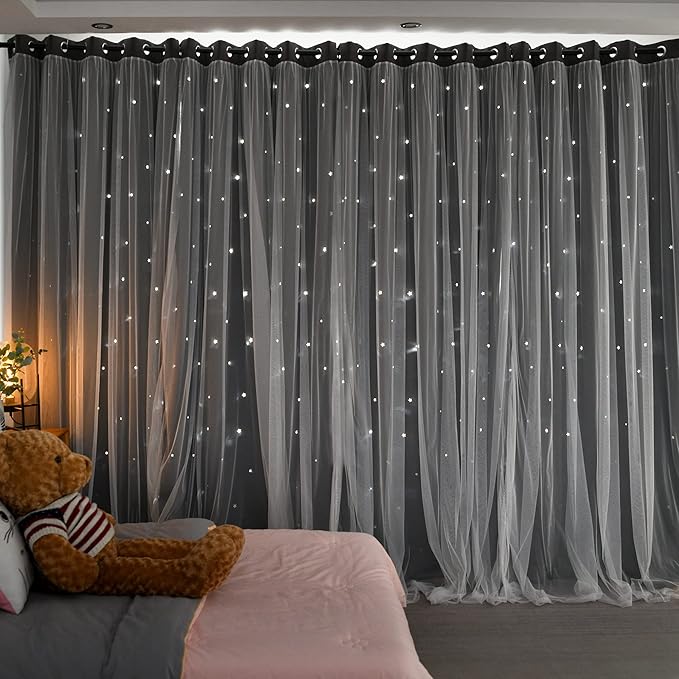 Kinryb Kids Blackout Curtains for Bedroom/Living Room/Classroom, Sheer Overlay 2 Panel Set, Double Layer Curtains with Star Cutout for Kids Room(Each Piece W 70 x L 95 Inches 2 Pcs Grey)