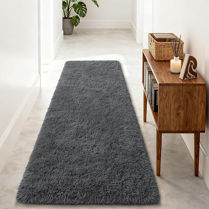 Merelax Soft Runner Rugs for Bedroom Living Room, 2x6 Feet Non Slip Plush Fluffy Long Rug for Hallway, Shag Furry Washable Area Rug for Bedside Nursery Kids Room Home Decor Carpet, Dark Grey