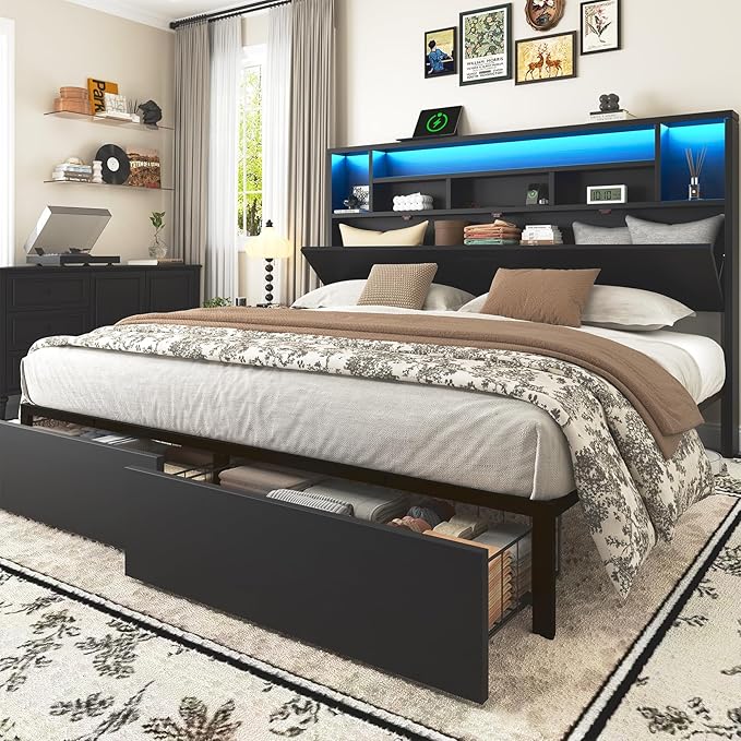 Queen Bed Frame with Large Headboard Storage, Bed Frames with 2 Under Bed Drawers, Built-in LED Lights Charging Station, Easy Assembly, Black