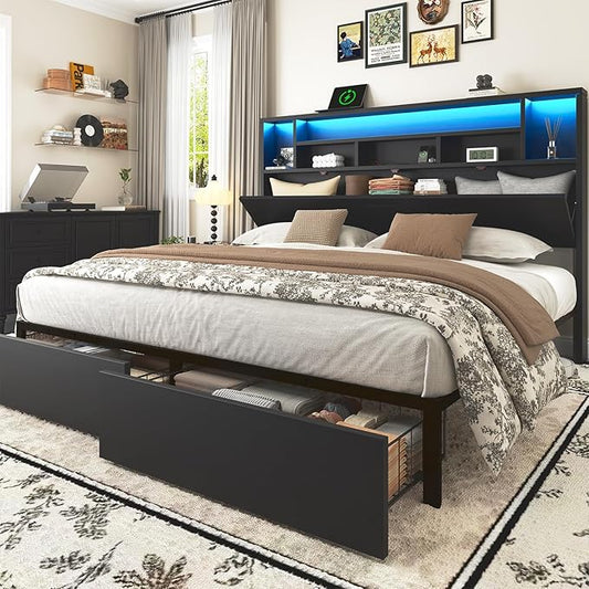 Queen Bed Frame with Large Headboard Storage, Bed Frames with 2 Under Bed Drawers, Built-in LED Lights Charging Station, Easy Assembly, Black