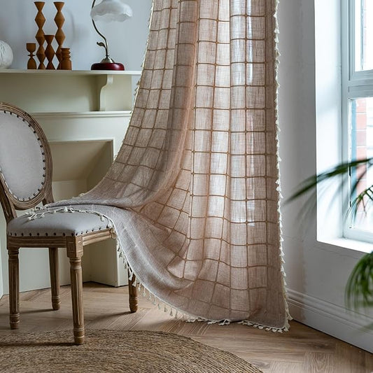 Deeprove Boho Curtains 96 Inches Long for Bedroom, Cotton Linen Light Brown Plaids Embroidery Semi Blackout Bohemian Aesthetic Window Treatment Grids Drape Tassels, 1 Panel W52 x L96 Tan