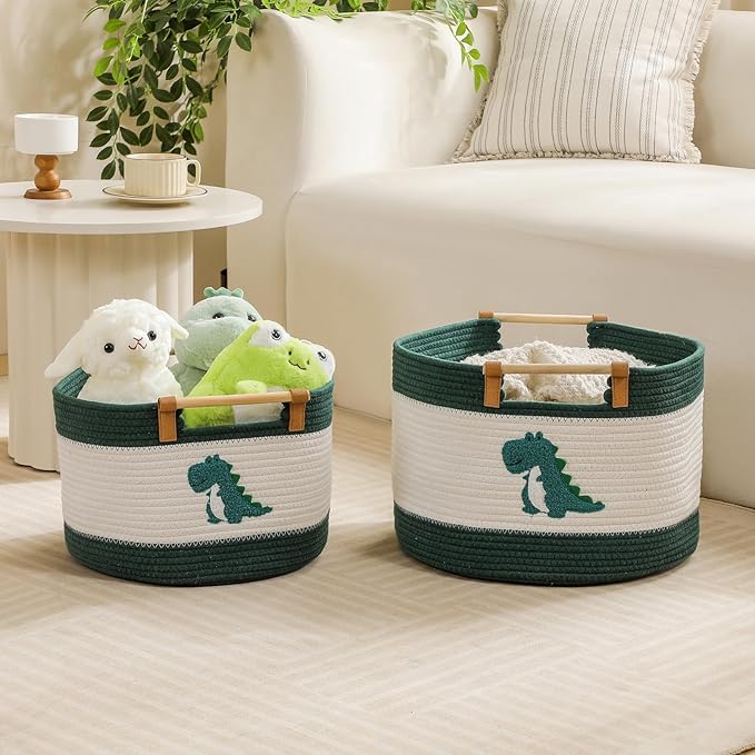 Large Blanket Basket 35L Cotton Rope Basket with Wooden Handles Woven Baskets for Kids Stuffed Animal Toys Storage for Nursery, Laundry Hamper Clothes Baby Hamper Boys Gift Basket Empty, (Dinosaur ）