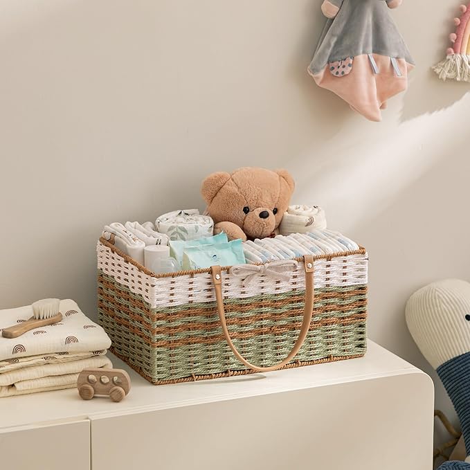 HBlife Large Diaper Caddy Organizer, Portable Paper Rope Woven Basket with Divider, Nursery Diaper Station Organizer, Baby Shower Gifts Basket & Car Organizer, Newborn Essentials
