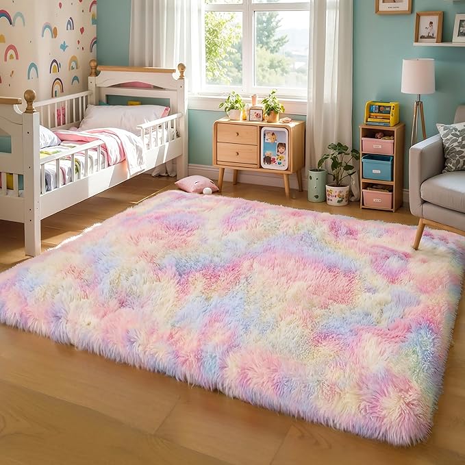 Thick Area Rug 6x9 Unicorn Fluffy Shag for Girls Bedroom Living Room, Rainbow Soft Plush Fuzzy Washable Thickened Non-Slip Shaggy Pastel Large Carpet for Princess Kids Nursery Boys Dorm Room