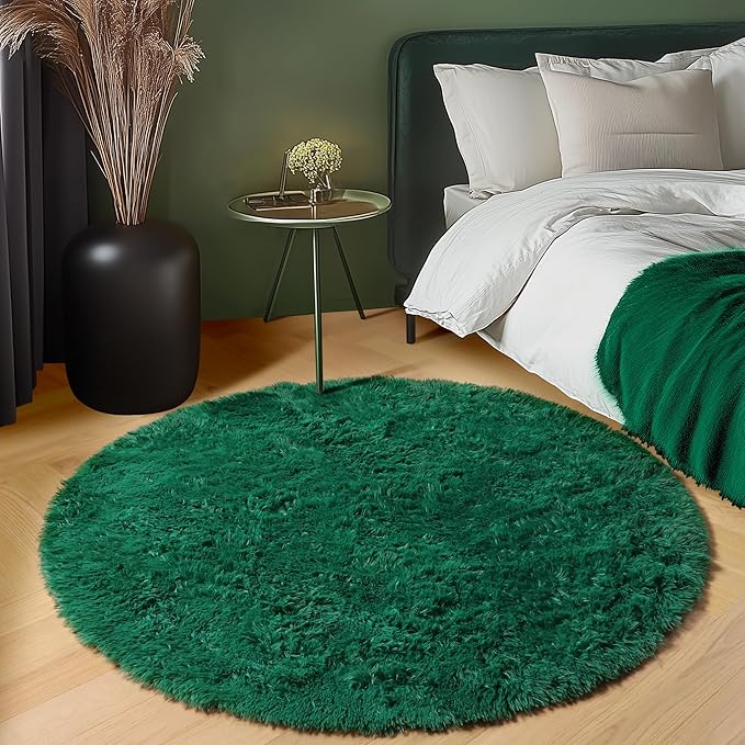 ONASAR Dark Green Round Area Rug 4x4, Soft Bedroom Circle Rugs for Kids Girls Teen Room, Cute Furry Plush Shaggy Carpet for Baby Nursery Living Room Playroom Dorm Christmas Home Decor