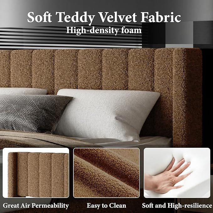 Full Bed Frame with Headboard Upholstered Platform Bed Frame with Teddy Velvet Headboard, Wooden Slats Support/Wing Edge Design/No Box Spring Needed/Easy Assembly, Camle